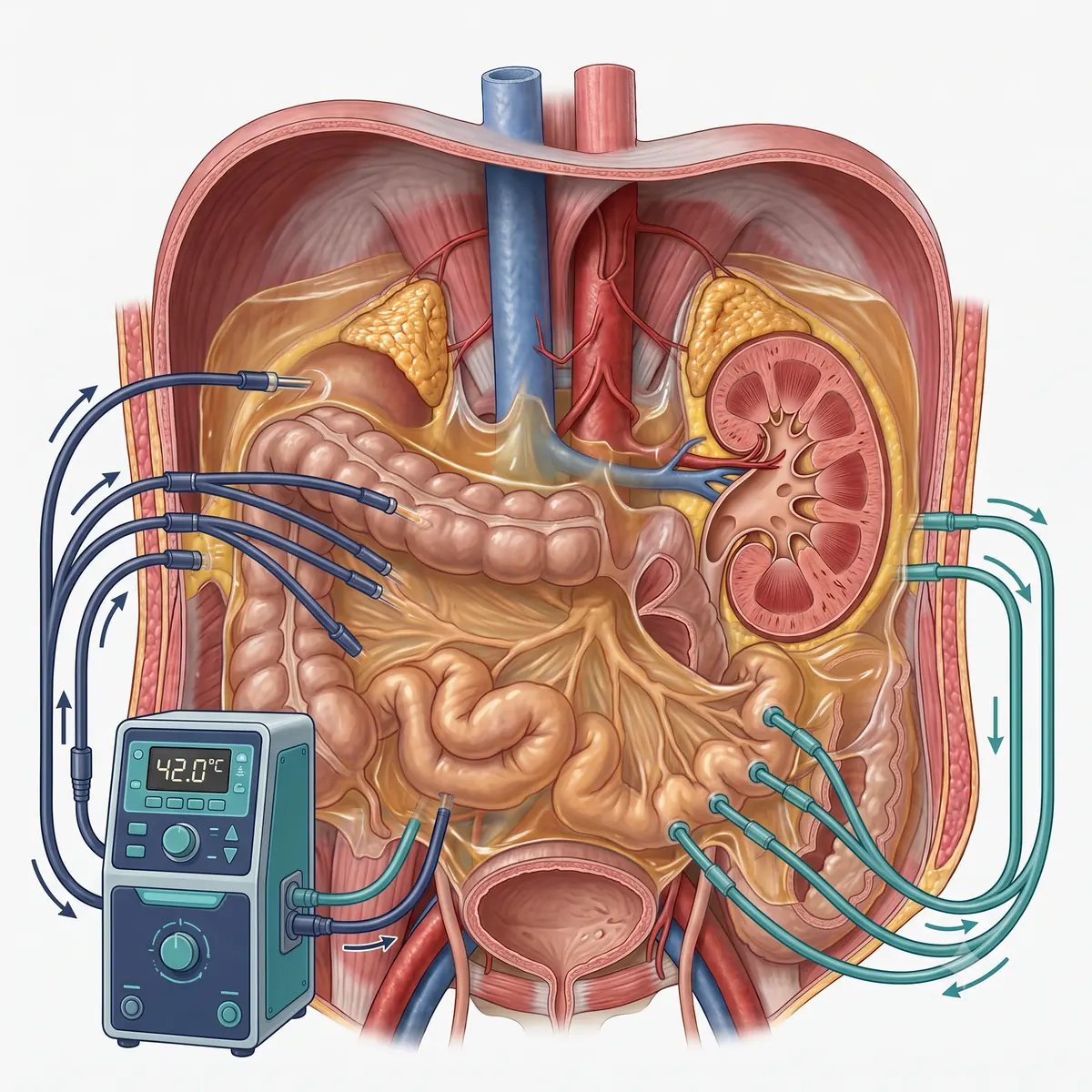 Esquema da quimioterapia intraperitoneal hipertérmica, com circuito de perfusão aquecida na cavidade abdominal