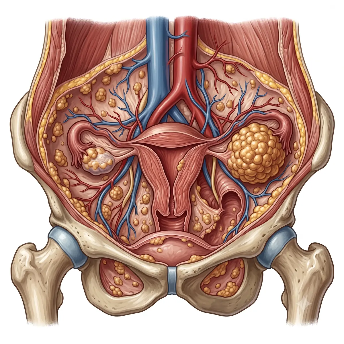 Pelve feminina com massas ovarianas e implantes peritoneais