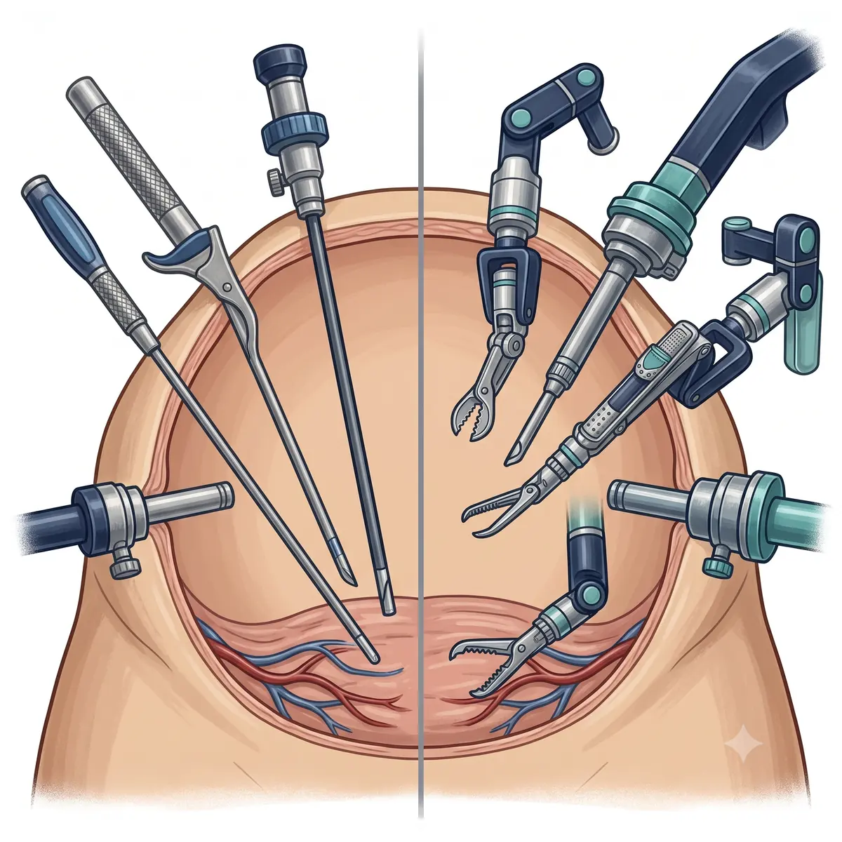 Comparativo entre instrumentos de laparoscopia convencional e braços robóticos articulados