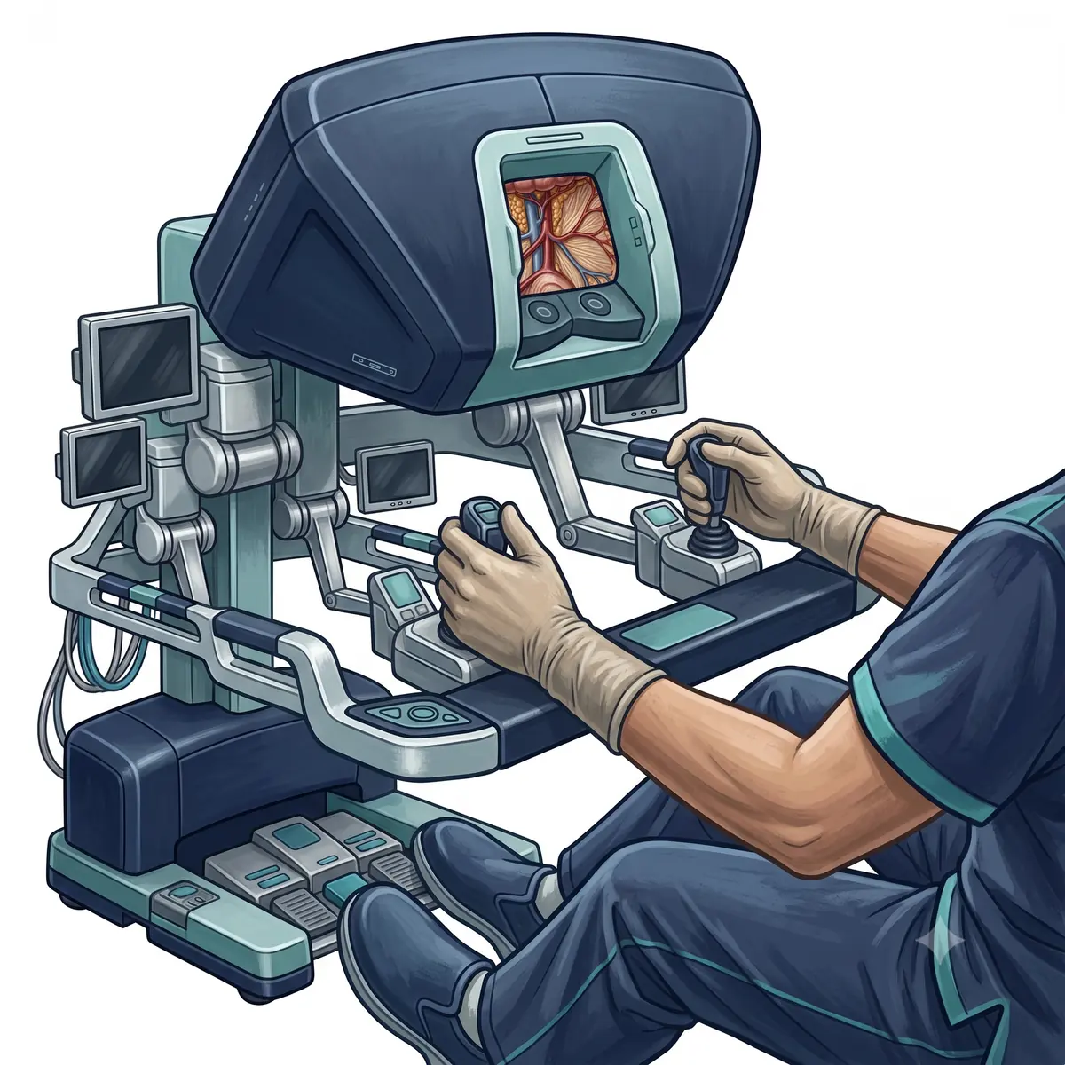 Cirurgião operando no console da plataforma robótica