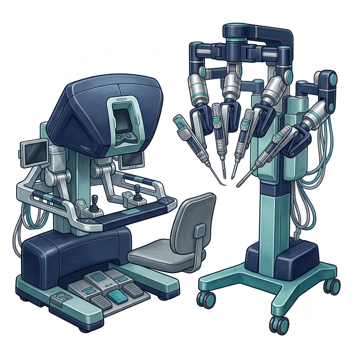 Plataforma de cirurgia robótica com console e carro de instrumentos
