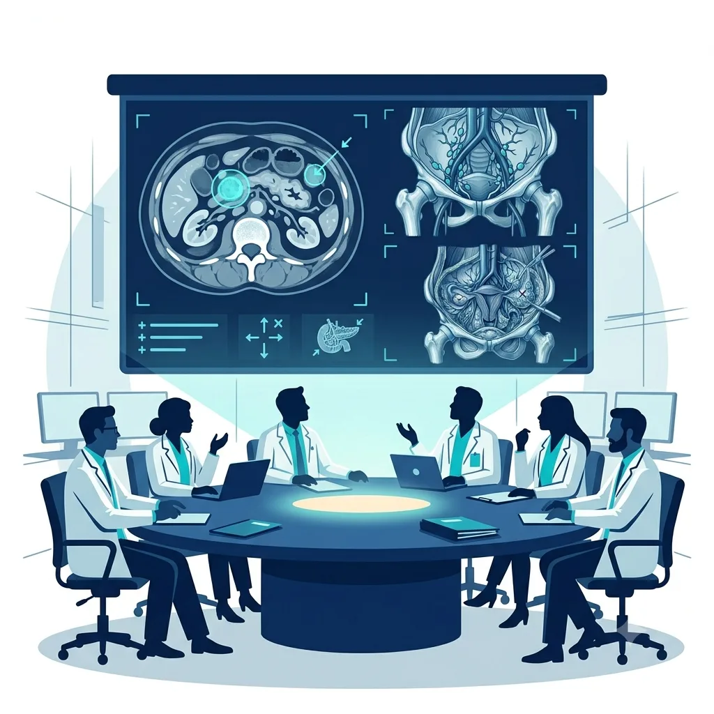 Reunião de tumor board multidisciplinar analisando exames de imagem